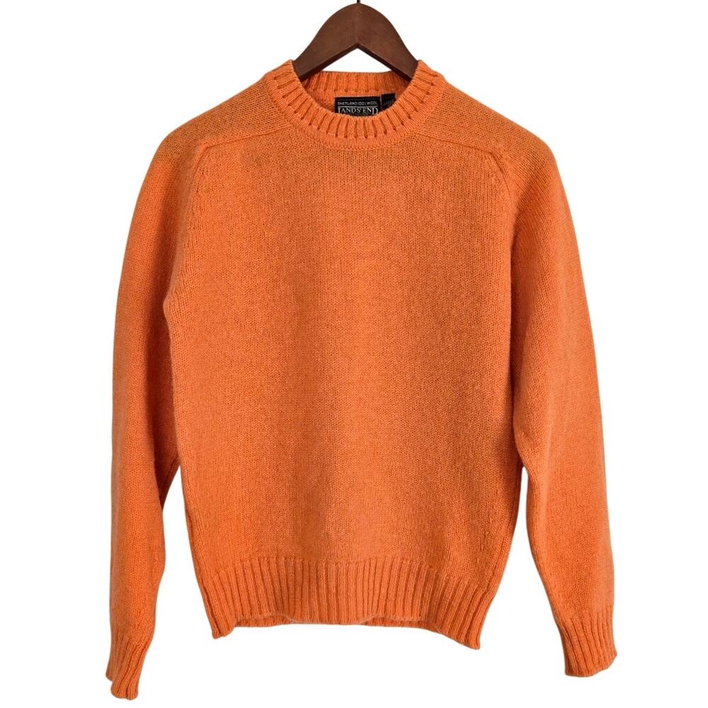 Vintage 80s Lands End Sherbet Orange 100% Shetland Wool Sweater Preppy Gorpcore
